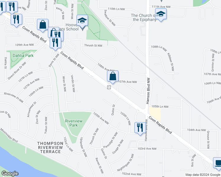 map of restaurants, bars, coffee shops, grocery stores, and more near 2218 Coon Rapids Boulevard in Coon Rapids