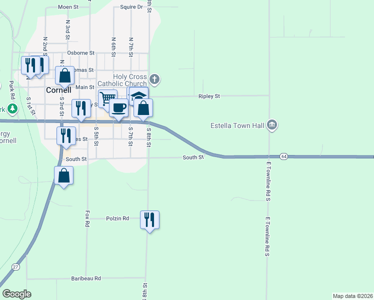 map of restaurants, bars, coffee shops, grocery stores, and more near 1013 Bridge Street in Cornell