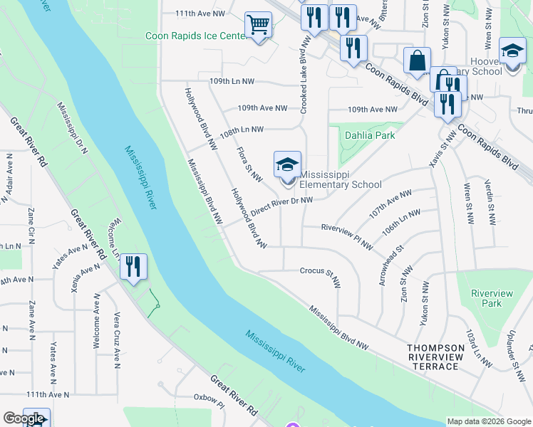 map of restaurants, bars, coffee shops, grocery stores, and more near 10605 Direct River Drive Northwest in Coon Rapids