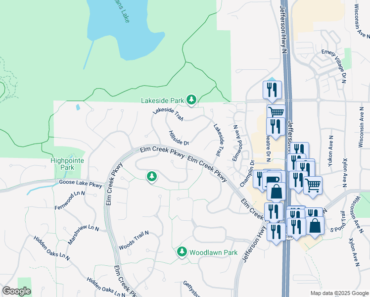 map of restaurants, bars, coffee shops, grocery stores, and more near 9413 Hillside Drive in Champlin