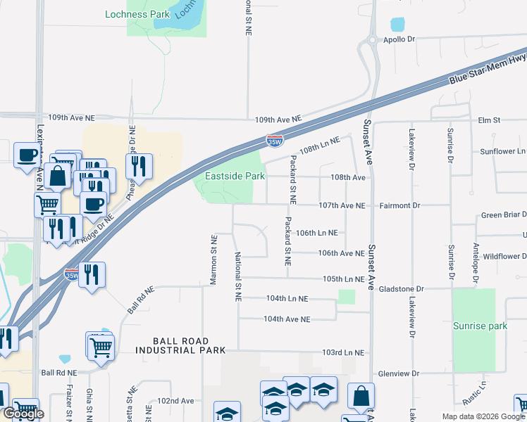 map of restaurants, bars, coffee shops, grocery stores, and more near 4746 107th Avenue Northeast in Circle Pines