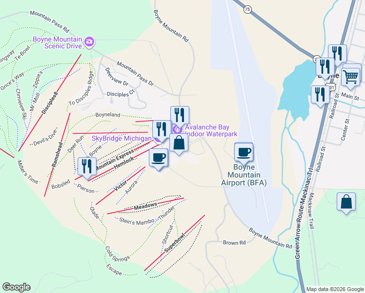 map of restaurants, bars, coffee shops, grocery stores, and more near Boyne Mountain Road in Boyne Falls