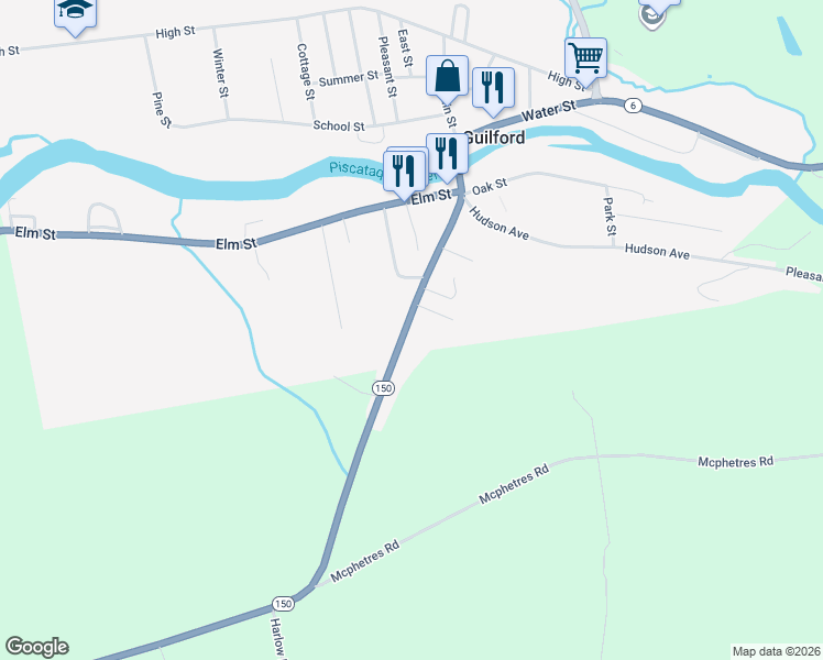 map of restaurants, bars, coffee shops, grocery stores, and more near 34 South Main Street in Guilford