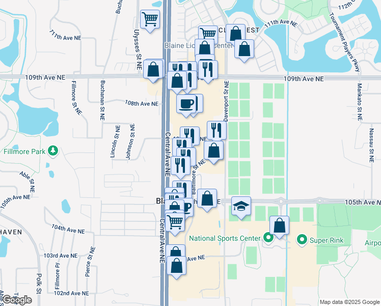 map of restaurants, bars, coffee shops, grocery stores, and more near 10650 Baltimore Street Northeast in Blaine