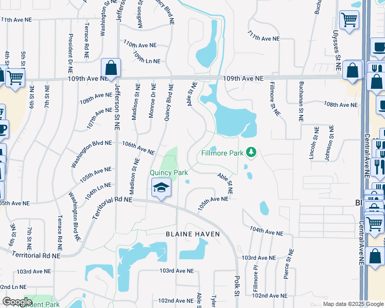 map of restaurants, bars, coffee shops, grocery stores, and more near 10665 Able Street Northeast in Blaine