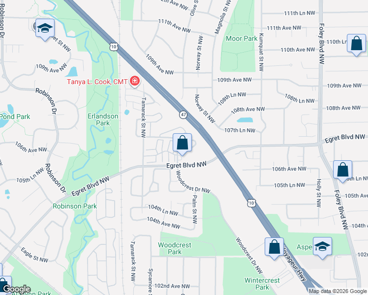 map of restaurants, bars, coffee shops, grocery stores, and more near 10665 Quince Street Northwest in Coon Rapids