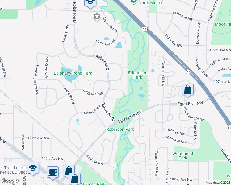 map of restaurants, bars, coffee shops, grocery stores, and more near 1240 106th Lane Northwest in Coon Rapids