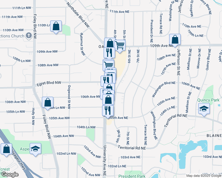 map of restaurants, bars, coffee shops, grocery stores, and more near 10601 University Avenue Northeast in Blaine