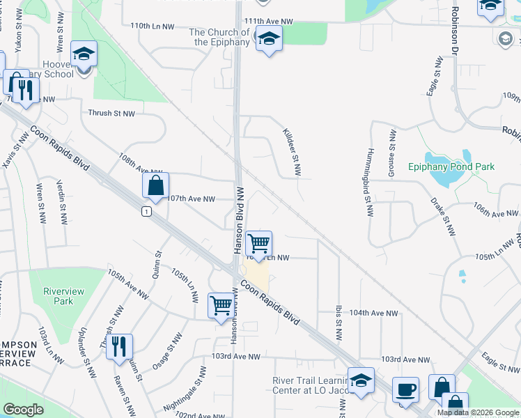 map of restaurants, bars, coffee shops, grocery stores, and more near 10701 Hanson Boulevard Northwest in Coon Rapids