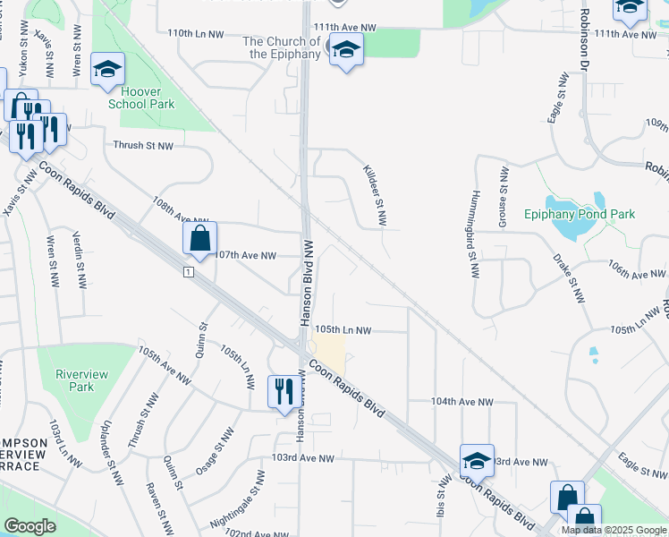 map of restaurants, bars, coffee shops, grocery stores, and more near 10701 Hanson Boulevard Northwest in Coon Rapids