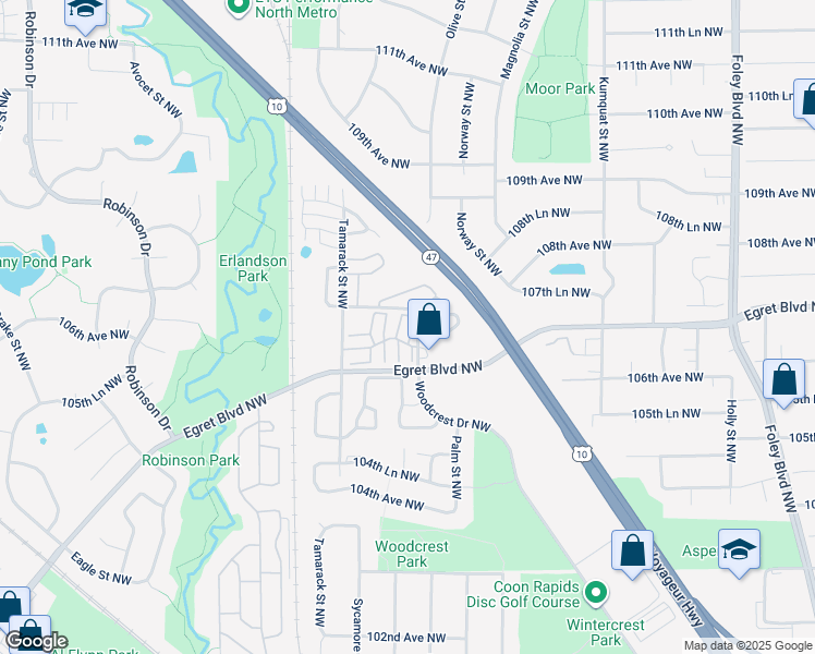 map of restaurants, bars, coffee shops, grocery stores, and more near 905 106th Lane Northwest in Coon Rapids