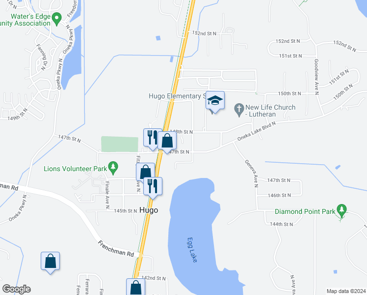 map of restaurants, bars, coffee shops, grocery stores, and more near 5697 147th Street North in Hugo