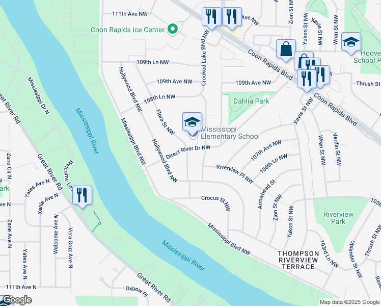 map of restaurants, bars, coffee shops, grocery stores, and more near 10564 Crooked Lake Boulevard Northwest in Coon Rapids