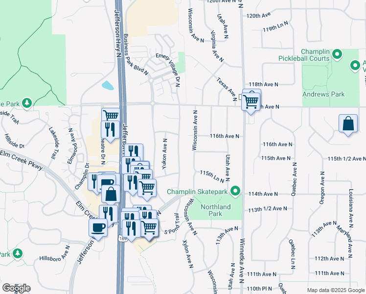 map of restaurants, bars, coffee shops, grocery stores, and more near 11517 Wisconsin Avenue North in Champlin