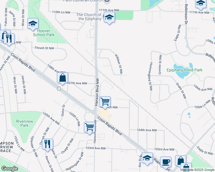 map of restaurants, bars, coffee shops, grocery stores, and more near 10586 Martin Street Northwest in Coon Rapids