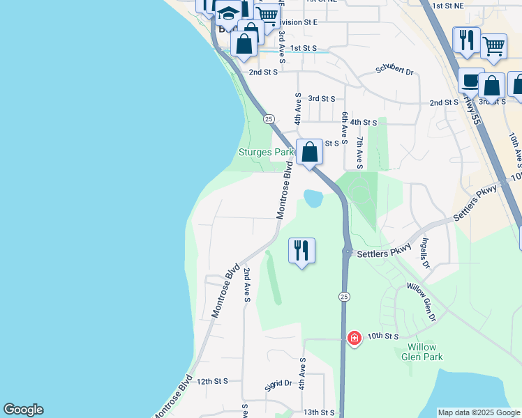 map of restaurants, bars, coffee shops, grocery stores, and more near 115 7th Street South in Buffalo