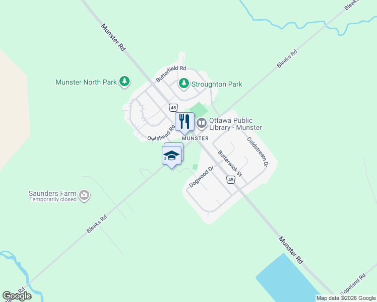 map of restaurants, bars, coffee shops, grocery stores, and more near 7780 Bleeks Road in Ottawa
