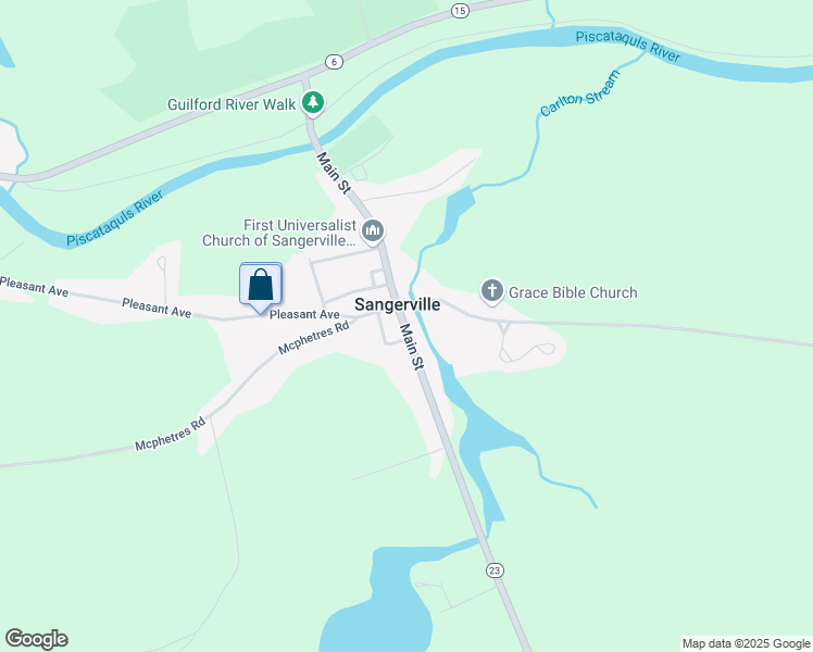 map of restaurants, bars, coffee shops, grocery stores, and more near 84 Main Street in Sangerville