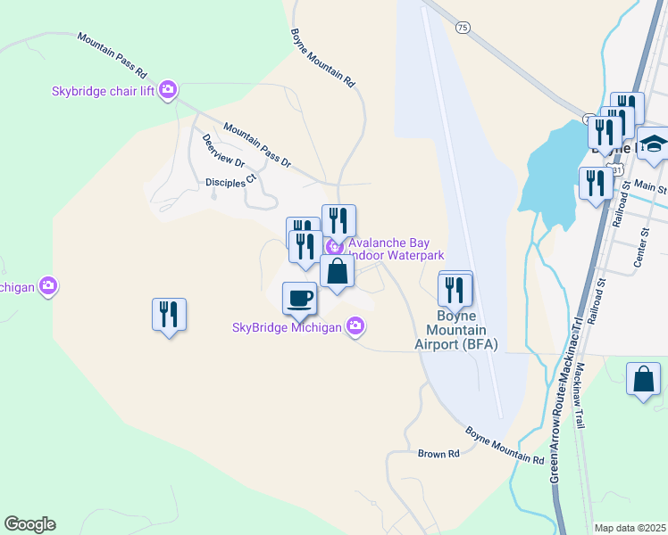 map of restaurants, bars, coffee shops, grocery stores, and more near Boyne Mountain Road in Boyne Falls