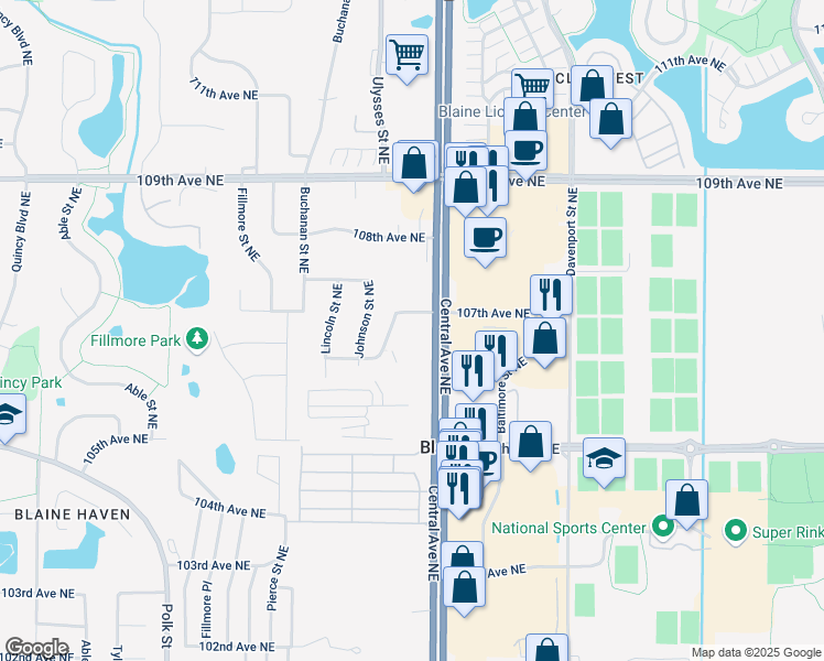 map of restaurants, bars, coffee shops, grocery stores, and more near 10600 Minnesota 65 in Blaine