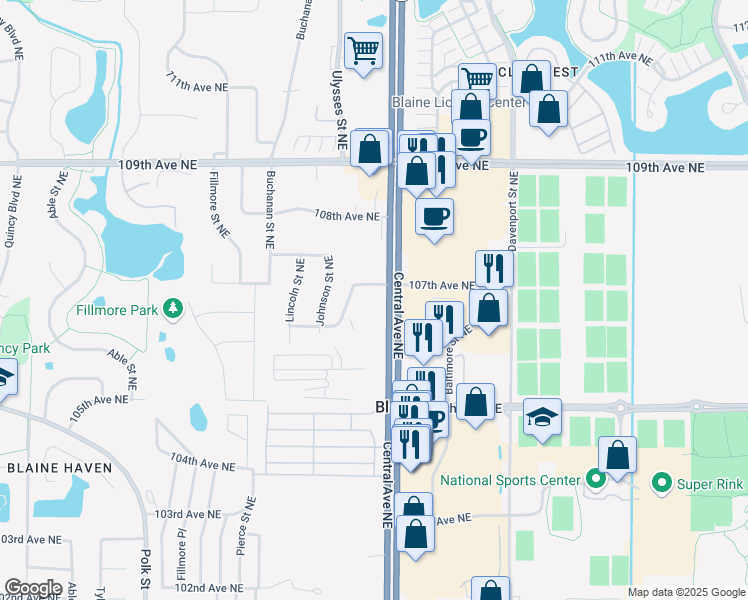 map of restaurants, bars, coffee shops, grocery stores, and more near 10669 Ulysses Street Northeast in Blaine
