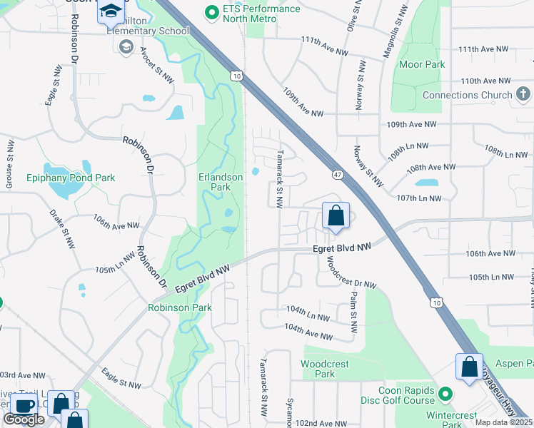 map of restaurants, bars, coffee shops, grocery stores, and more near 10680 Tamarack Street Northwest in Minneapolis