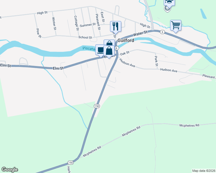 map of restaurants, bars, coffee shops, grocery stores, and more near 34 South Main Street in Guilford