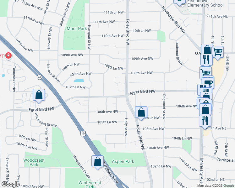 map of restaurants, bars, coffee shops, grocery stores, and more near 412 Egret Boulevard Northwest in Minneapolis