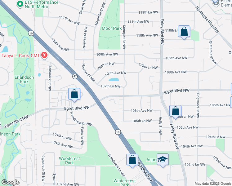 map of restaurants, bars, coffee shops, grocery stores, and more near 665 106th Lane Northwest in Minneapolis