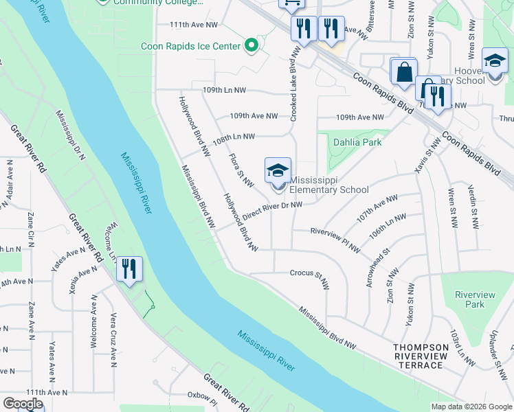 map of restaurants, bars, coffee shops, grocery stores, and more near 10605 Direct River Drive Northwest in Coon Rapids