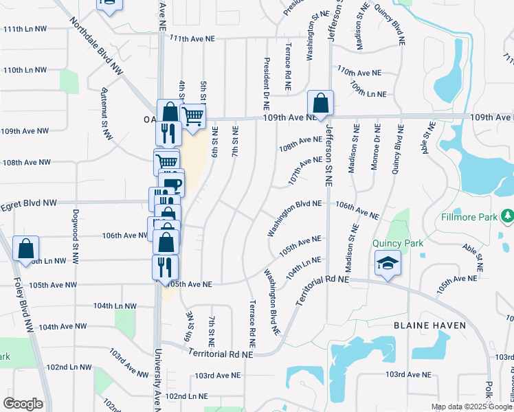 map of restaurants, bars, coffee shops, grocery stores, and more near 10660 Terrace Road Northeast in Blaine