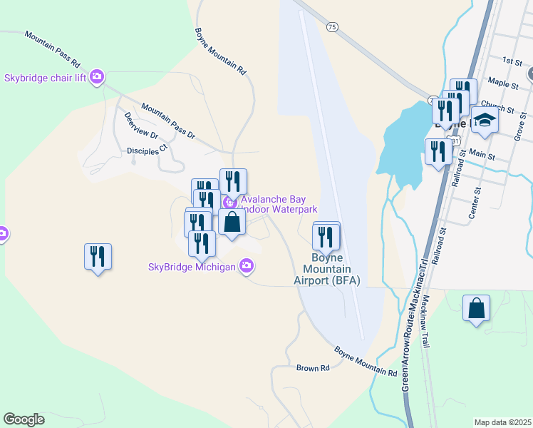 map of restaurants, bars, coffee shops, grocery stores, and more near Boyne Mountain Road in Boyne Falls