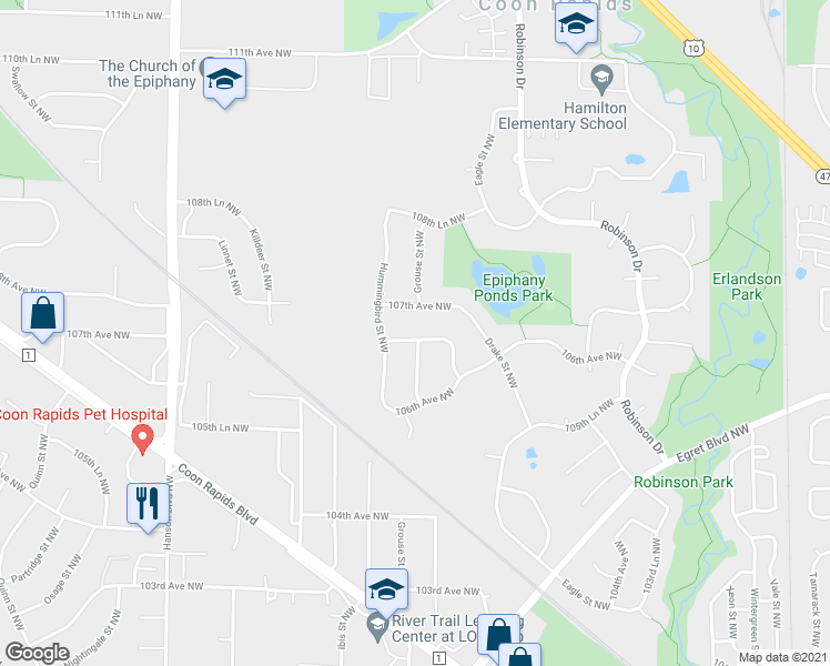 map of restaurants, bars, coffee shops, grocery stores, and more near 1625 106th Lane Northwest in Coon Rapids