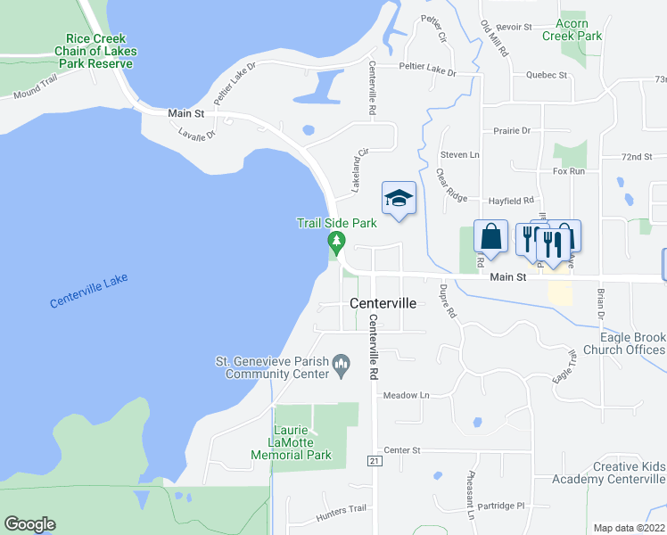 map of restaurants, bars, coffee shops, grocery stores, and more near 7111 Main Street in Centerville