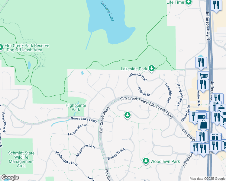map of restaurants, bars, coffee shops, grocery stores, and more near 11600 Magnolia Court North in Champlin