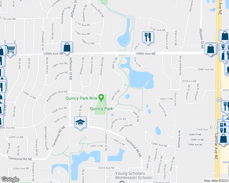 map of restaurants, bars, coffee shops, grocery stores, and more near 10684 Able Street Northeast in Blaine