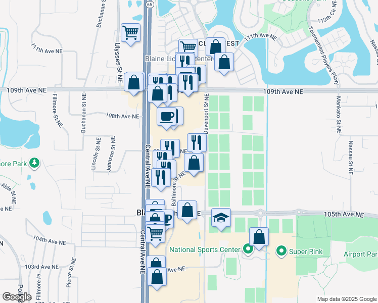 map of restaurants, bars, coffee shops, grocery stores, and more near 1499 107th Avenue Northeast in Blaine
