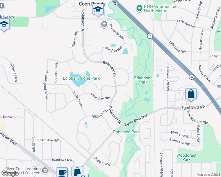 map of restaurants, bars, coffee shops, grocery stores, and more near 1330 107th Avenue Northwest in Coon Rapids