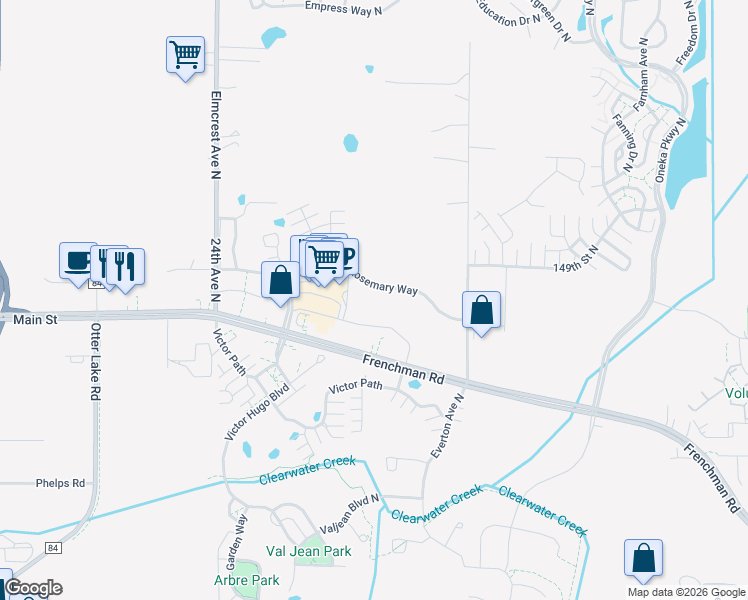 map of restaurants, bars, coffee shops, grocery stores, and more near 4474 Rosemary Way in Hugo