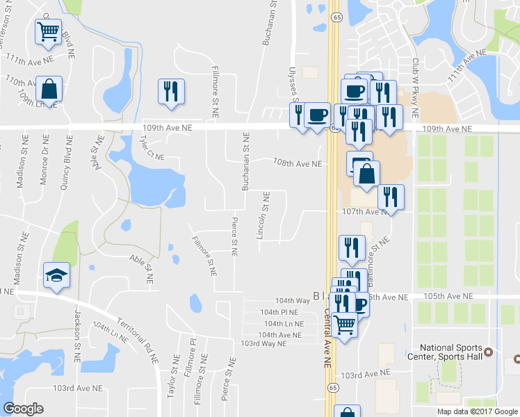 map of restaurants, bars, coffee shops, grocery stores, and more near 10716 Lincoln Street Northeast in Blaine