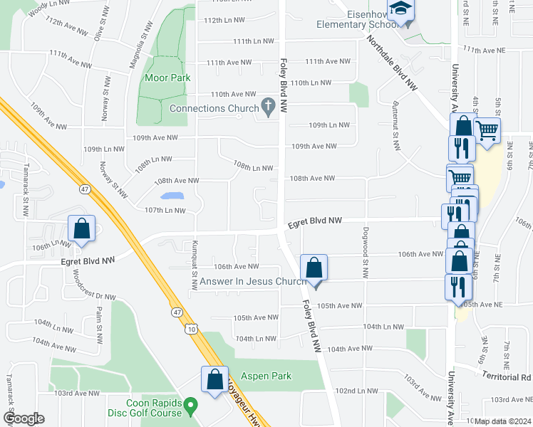 map of restaurants, bars, coffee shops, grocery stores, and more near 10721 Ilex Street Northwest in Coon Rapids