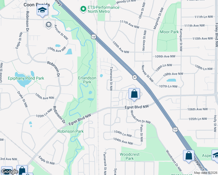 map of restaurants, bars, coffee shops, grocery stores, and more near 10723 Unity Street Northwest in Coon Rapids
