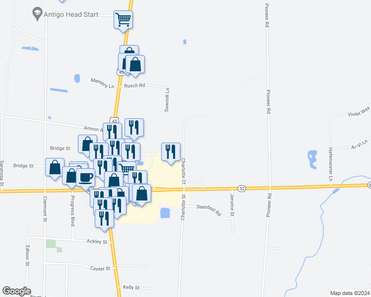 map of restaurants, bars, coffee shops, grocery stores, and more near 300 Prosser Place in Antigo