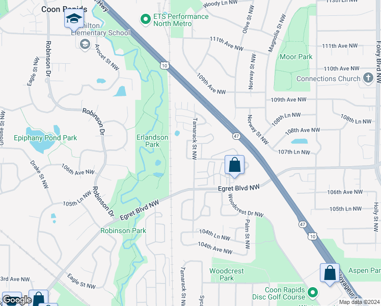 map of restaurants, bars, coffee shops, grocery stores, and more near 10723 Unity Street Northwest in Coon Rapids