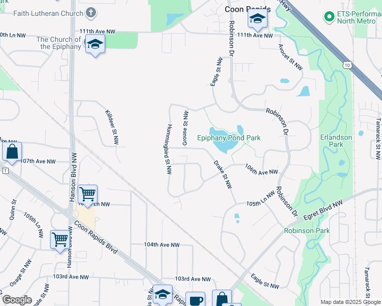 map of restaurants, bars, coffee shops, grocery stores, and more near 1595 107th Avenue Northwest in Coon Rapids