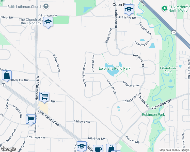 map of restaurants, bars, coffee shops, grocery stores, and more near 1610 107th Avenue Northwest in Minneapolis