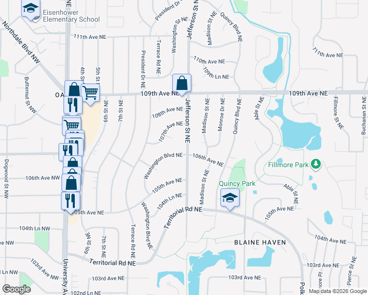 map of restaurants, bars, coffee shops, grocery stores, and more near 330 107th Circle Northeast in Blaine