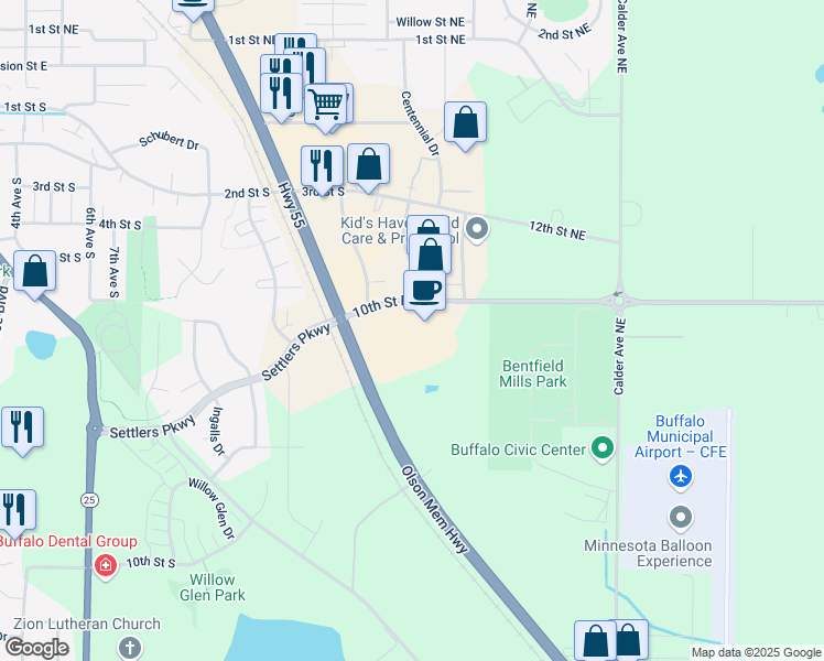 map of restaurants, bars, coffee shops, grocery stores, and more near 1300 Highway 55 in Buffalo