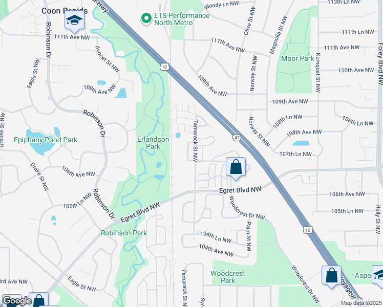 map of restaurants, bars, coffee shops, grocery stores, and more near 10723 Unity Street Northwest in Coon Rapids
