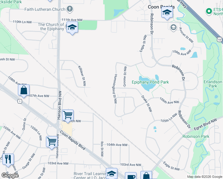map of restaurants, bars, coffee shops, grocery stores, and more near 10690 Hummingbird Street Northwest in Coon Rapids